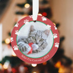 Cute Cat First Christmas Paw prints Red Green Ornament<br><div class="desc">This pet cat design features space for a photo and text accented with paw prints on red and green. Perfect for cat lovers! Click the customise button for more flexibility in modifying/adding text and design elements! Variations of this design as well as coordinating products are available in our shop, zazzle.com/store/doodlelulu....</div>