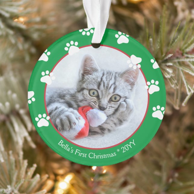 Cute Cat First Christmas Pawprints Green Red Ornament (Tree)