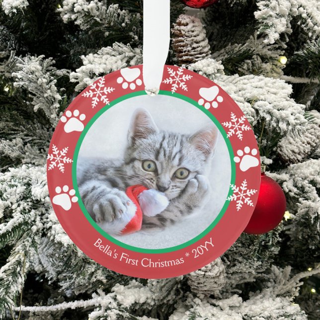 Cute Cat First Christmas Snowflakes Paw Prints Red Ornament (Creator Uploaded)