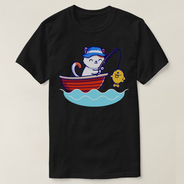 Cute Cat Fishing In The Sea On Boat T-Shirt (Design Front)