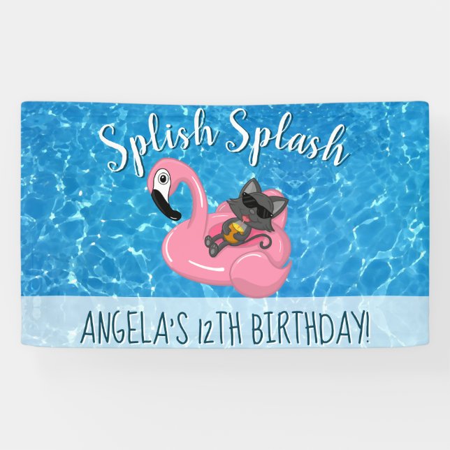 Cute Cat Flamingo Kids Birthday Pool Party Banner (Horizontal)