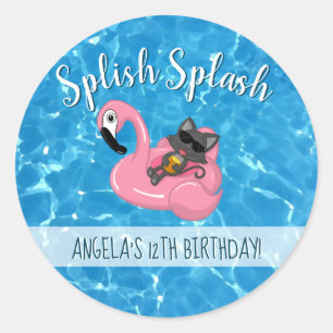 Cute Cat Flamingo Kids Birthday Pool Party Classic Round Sticker