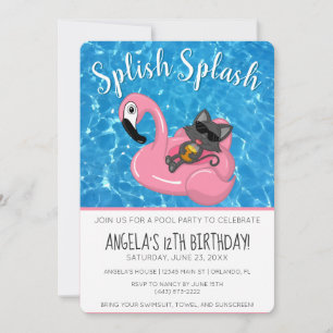 Cute Cat Flamingo Kids Birthday Pool Party Invitation