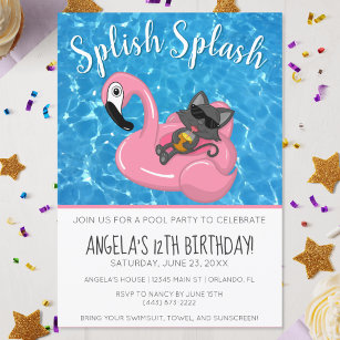 Cute Cat Flamingo Kids Birthday Pool Party Invitation