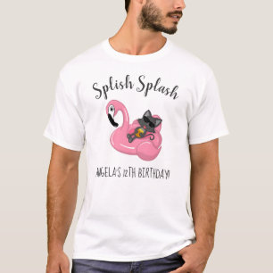 Cute Cat Flamingo Kids Birthday Pool Party T-Shirt