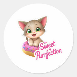 "Cute Cat Floating on a Doughnut – 'Sweet Purrfect Classic Round Sticker