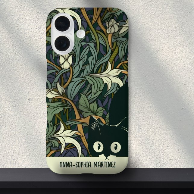 Cute Cat Floral Art Nouveau Green Blue Custom Name Case-Mate iPhone Case (Creator Uploaded)
