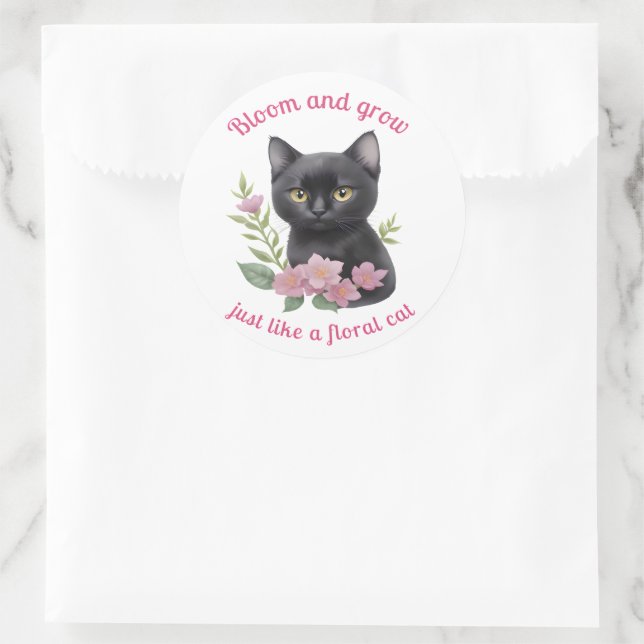 Cute Cat Floral Design Bloom and Grow  Classic Round Sticker (Bag)