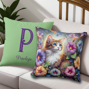 Cute Cat Floral Garden Custom Monogram Cushion