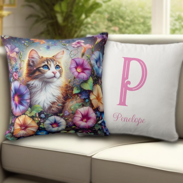 Cute Cat Floral Garden Custom Monogram Cushion (Creator Uploaded)