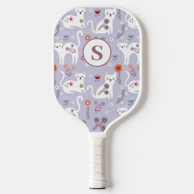 Cute Cat Floral Monogram Pickleball Paddle (Front)