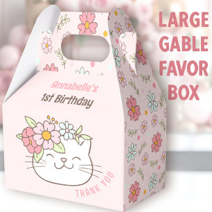Cute Cat Floral Pink Girl 1st Birthday Large Favour Box