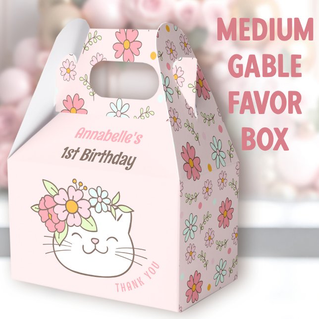 Cute Cat Floral Pink Girl 1st Birthday Medium Favour Box (Cute Kitten Medium Gable Favor Boxes - You can choose from 3 sizes of these gable favor boxes)