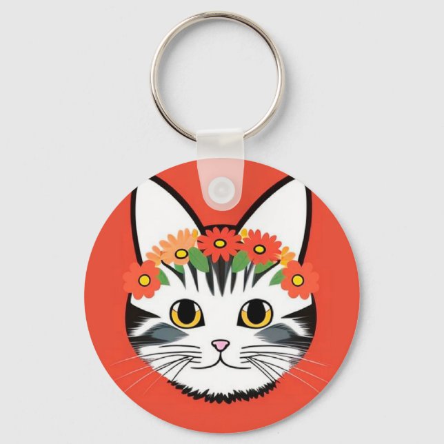 🐱 Cute Cat Floral Vibrant Charm Gift 🌸 Key Ring (Front)