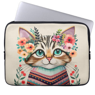 Cute Cat Floral Watercolor Laptop Sleeve