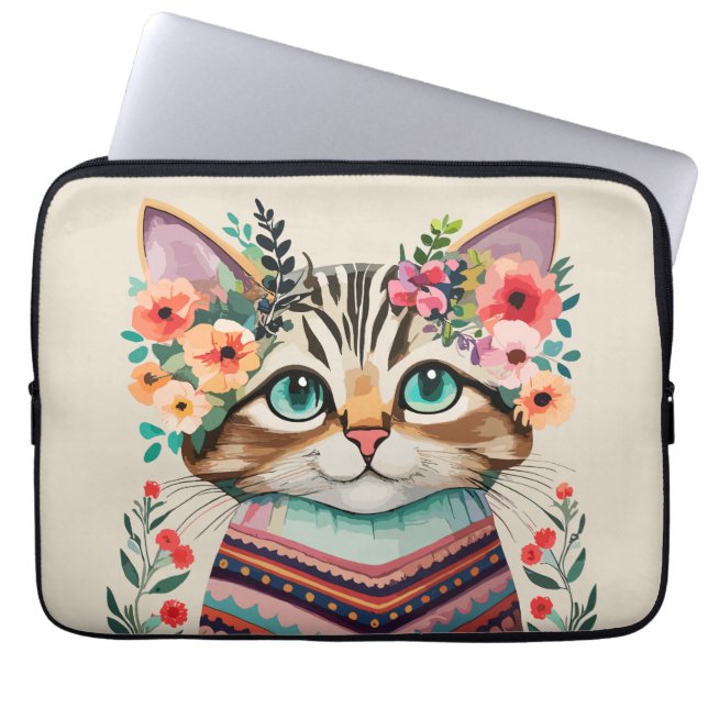 Cute Cat Floral Watercolor  Laptop Sleeve (Front)
