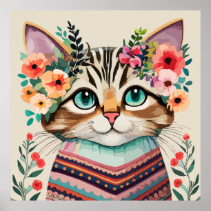 Cute Cat Floral Watercolor  Poster
