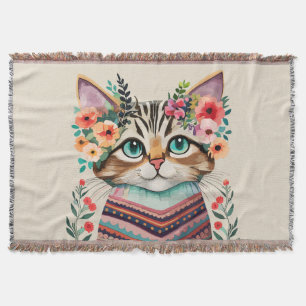 Cute Cat Floral Watercolor  Throw Blanket