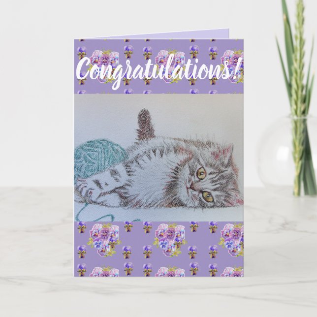 Cute Cat Flower Floral Conrgatulations art Card (Front)