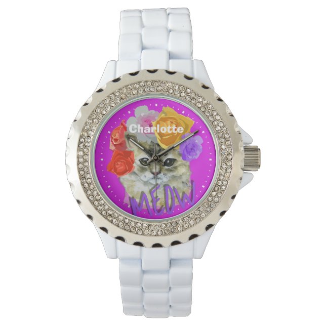 Cute Cat Flowery Rose Headdress Meow Personalised  Watch (Front)