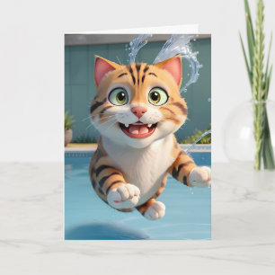Cute Cat Flying Swimming Diving Pool Funny Blank Card
