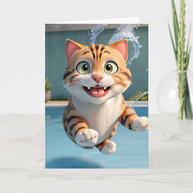 Cute Cat Flying Swimming Diving Pool Funny Blank Card (Front)
