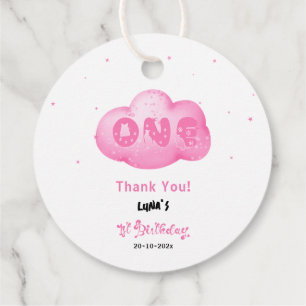 Cute Cat Font Watercolor Pink Cloud 1st Birthday Favour Tags