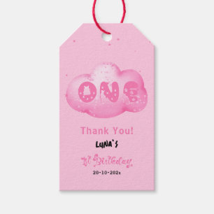 Cute Cat Font Watercolor Pink Cloud 1st Birthday Gift Tags