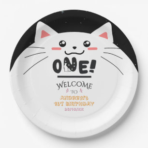 Cute Cat Frame Sparkling Stars 1st Birthday Paper Plate