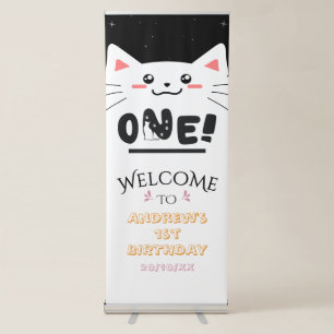 Cute Cat Frame Sparkling Stars 1st Birthday Retractable Banner
