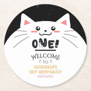 Cute Cat Frame Sparkling Stars 1st Birthday Round Paper Coaster