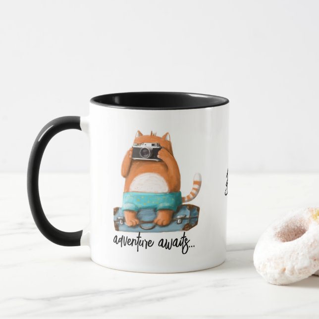 Cute Cat Funny Adventure Travel Personalised Name Mug (With Donut)