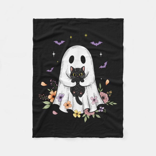 Cute Cat Ghost Flowers Spooky Halloween Vibes Men  Fleece Blanket (Front)