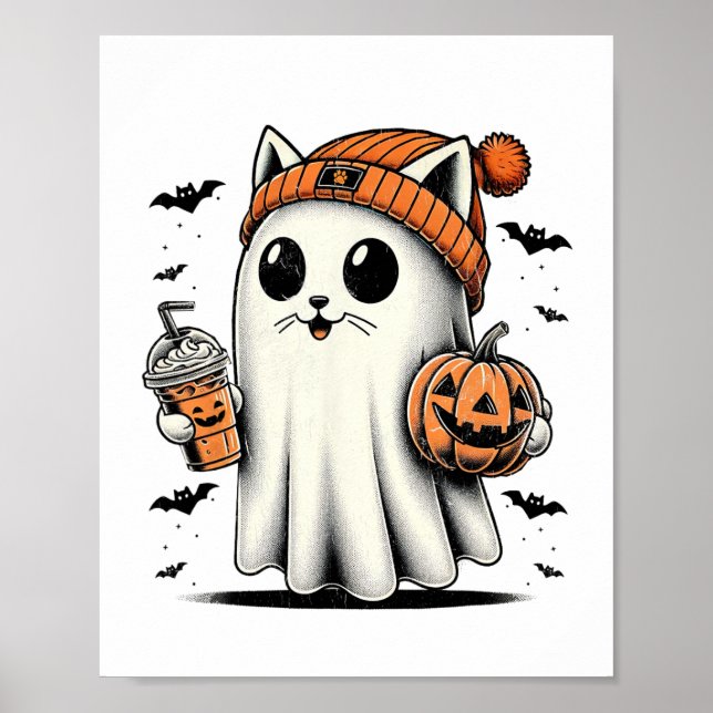 Cute Cat Ghost Iced Coffee Funny Ghost Halloween I Poster (Front)