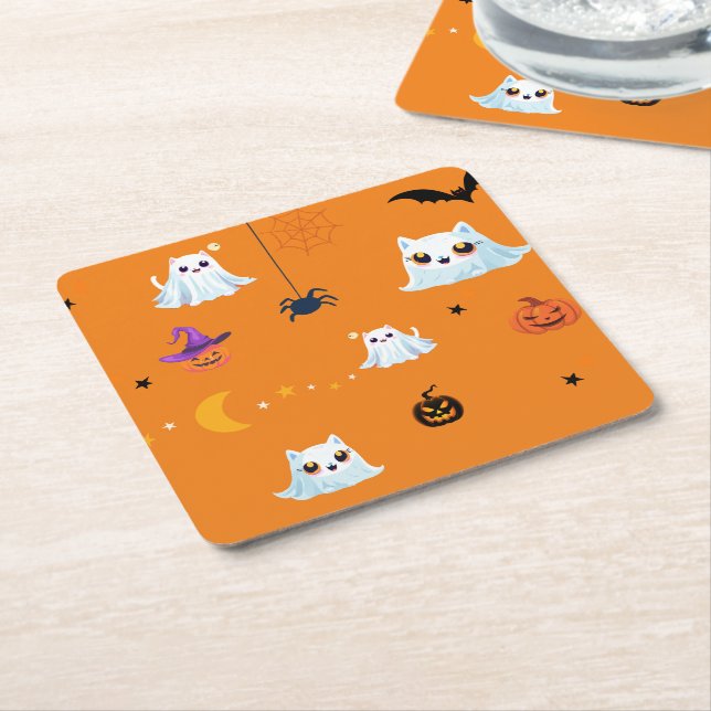Cute Cat ghost sheet Halloween pumpkin party  Square Paper Coaster (Angled)