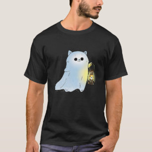 Cute Cat Ghost With Lantern Spook Phantom Hallowee T-Shirt