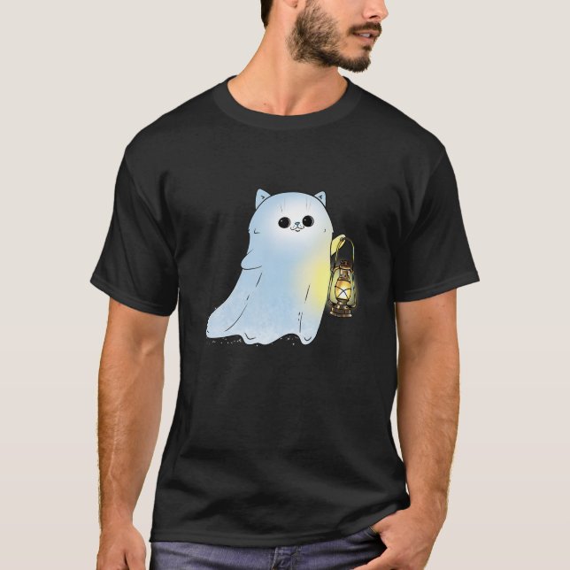 Cute Cat Ghost With Lantern Spook Phantom Hallowee T-Shirt (Front)