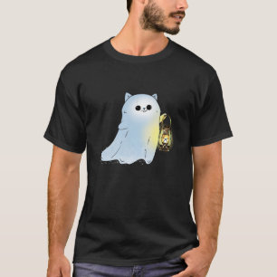 Cute Cat Ghost With Lantern Spook Phantom Hallowee T-Shirt