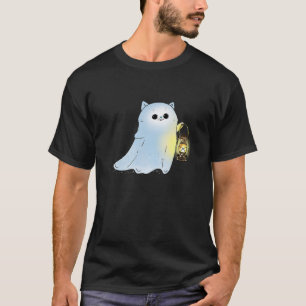 Cute Cat Ghost With Lantern Spook Phantom Hallowee T-Shirt