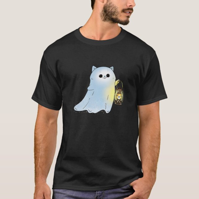 Cute Cat Ghost With Lantern Spook Phantom Hallowee T-Shirt (Front)