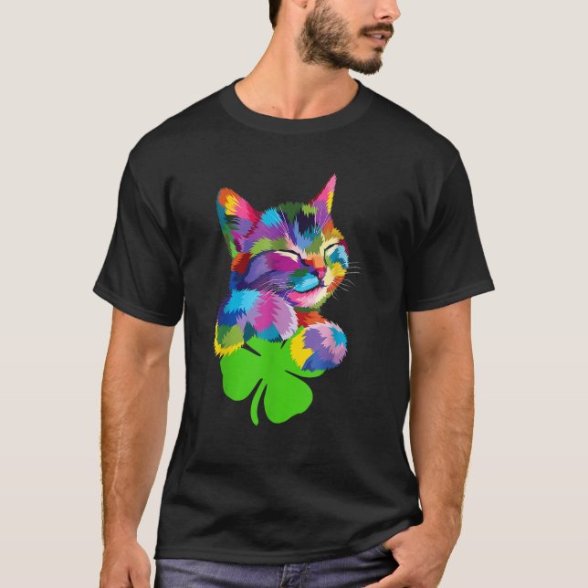 Cute Cat Gift kitten lover Colourful Art St Patric T-Shirt (Front)