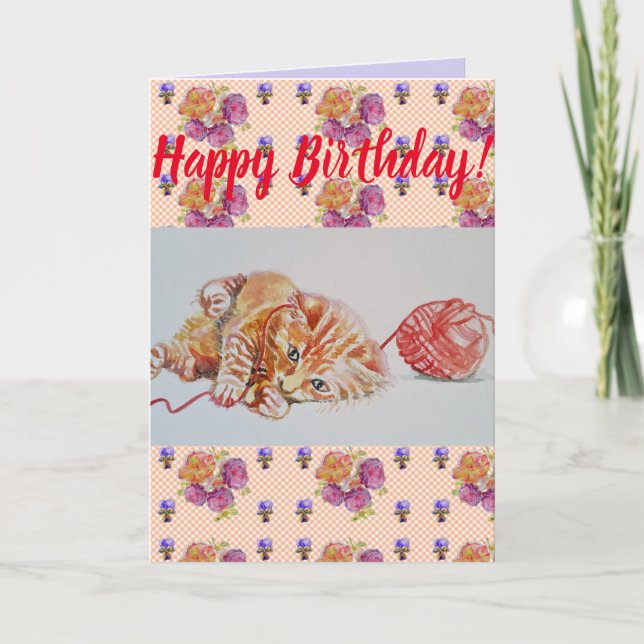 Cute Cat Ginger Tabby Floral Birthday art Card (Front)
