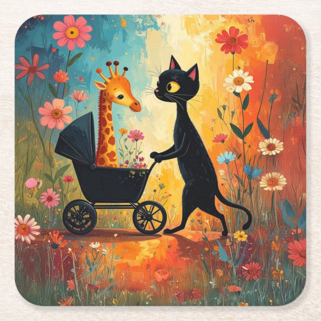 Cute Cat Giraffe Paper Coaster (Front)