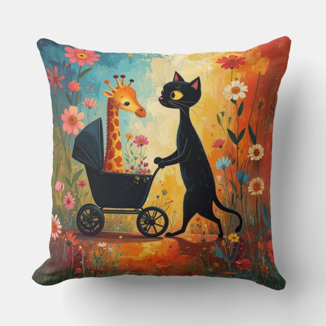 Cute Cat Giraffe Throw Pillow (Front)