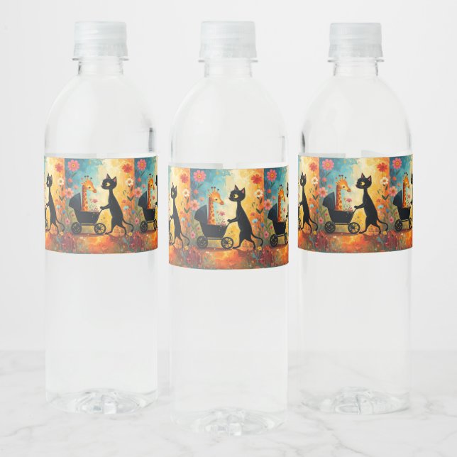 Cute Cat Giraffe Water Bottle Label (Bottles)