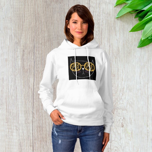 Cute Cat Glasses Graphic Gold Glitter Kitty Face  Hoodie (Creator Uploaded)