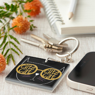 Cute Cat Glasses Graphic Gold Glitter Kitty Face  Key Ring