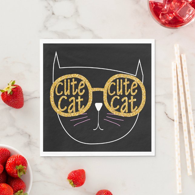 Cute Cat Glasses Graphic Gold Glitter Kitty Face  Napkin (Creator Uploaded)