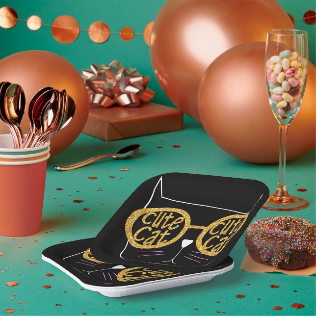 Cute Cat Glasses Graphic Gold Glitter Kitty Face  Paper Plate (Creator Uploaded)