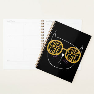 Cute Cat Glasses Graphic Gold Glitter Kitty Face  Planner